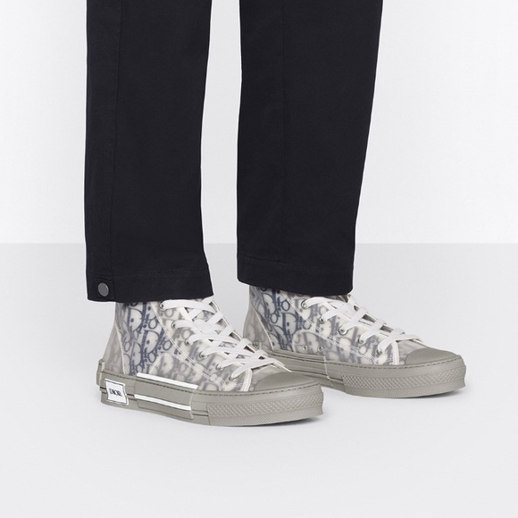 DIOR B23 White Grey Dior Oblique Mesh Canvas High Top Sneakers - Picture 2 of 10